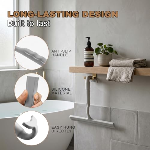 Image of Shower Squeegee for Glass Doors, 10-Inch Silicone, Fishtail Type Hook, Grey | One-piece Silicone, Fishtail Hook, Non-slip Grip and Quiet Glide for Shower Glass, Tile, Mirrors, Windows and Car Glass