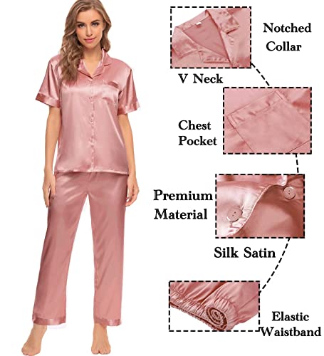Image of SWOMOG Womens Silk Satin Pajamas Sets 4pcs Sleepwear Sexy Cami Shorts Set and Button Down Short Sleeve Pjs Loungewear