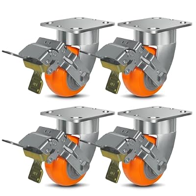 4"x2" Super Heavy Duty Casters, Kingpinless Crowned Polyurethane Tread Aluminum Core Wheel, Capacity Up To 6000 Lb. Use For Large Platform Truck, U-Boat Cart (4 Brake)