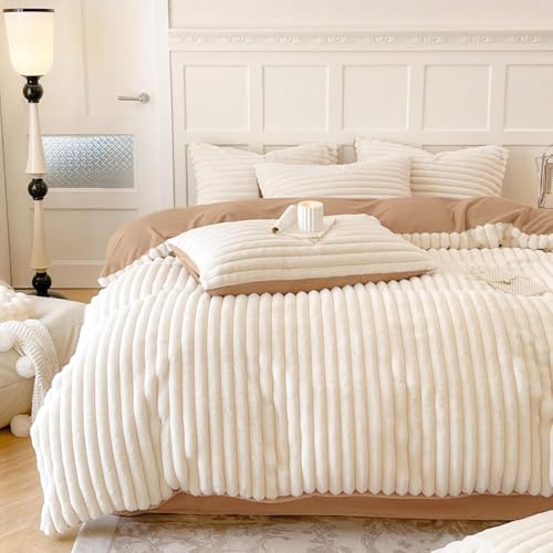 Covebett Plüsch Bettwäsche 135x200 Weiß Braun Winter Warm Shaggy...