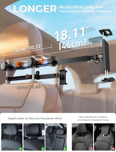 TRYONE Soporte Tablet Coche Reposacabezas [46CM Brazo Largo] [3 en 1 Extensible ] Porta Accesorios Carro, Sujeta Camper para iPad Pro/mini para Sumsung Tab/eReader/Switch/móviles/Otros 4,7-13 Pulgadas - imagen 3