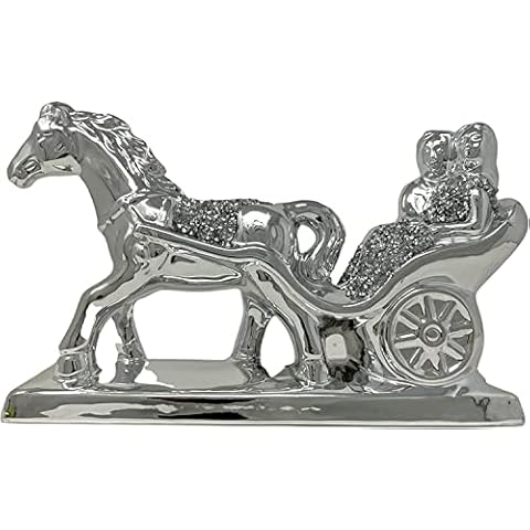Silver Crushed Diamond Love Couple On Horse With Heart Sparkle Bling Horse Sculpture for Home Decor Rearing Horse Art Figurine Decorative Sculpture Animal Ornament Sculpture Home Decor Cover