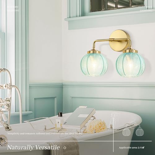 Image of Gold Wall Sconce Set of 2 Vintage Bathroom Vanity Light Blue Glass Shade Globe Wall Sconces Mid Century Wall Light Art Deco Bathroom Lights Over Mirror for Bedroom Hallway Living Room