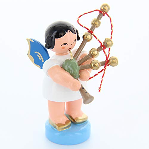 Engel stehend mit Dudelsack, blaue Flügel - 7cm / Weihnachtsengel -...