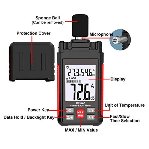 Digital Decibel Meter, Ht602A Sound Level Meter Noise Meter 30-130Dba With A Frequency Weighting, Temperature Humidity Measurement, Backlight Lcd Display, Max/Min/Data Hold, Fast/Slow, Storage Bag #TOP1