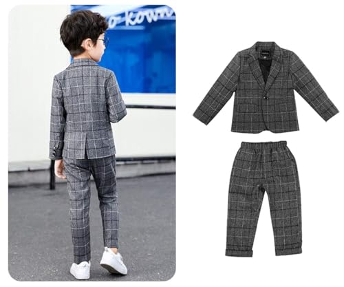 Image of lontakids Boys Plaid Blazer Pants Set Casual Suit Classic 2 Piece Outfit