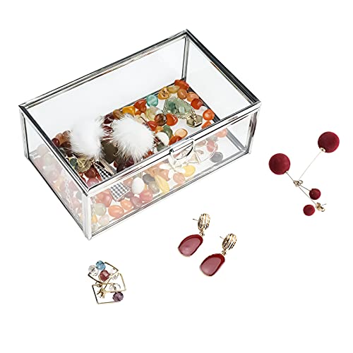 Highfree Silver Vintage Glass Lidded Box, Decorative Jewelry Keepsake Display Organizer, Clear Rectangle Box, Rings Bracelet Golden Organizer For Wedding Birthday Party (Small-Silver) #TOP4