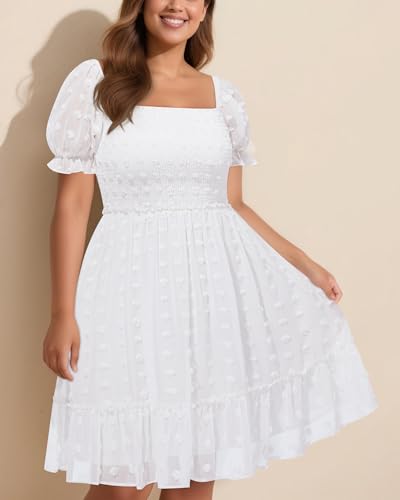 Plus Size Square Neck Graduation Summer Casual Sundress Chiffon Swiss Dot Ruffle Flowy Short Smocked Dress 20244