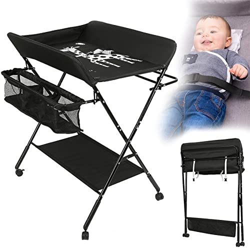 Table à Langer Pliante avec Panier de Rangement à Côté Structure en Fer Charge Max 25KG pour Nouveaux-Nés Design Ergonomique,Table à Langer Pliable et...