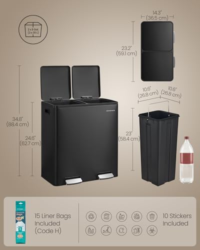Image of SONGMICS Trash Can, Double Compartment Garbage Can, Stainless Steel | 2 X 8 Gallon (2 x 30 L) for Recycling, with 15 Liner Bags, Soft-Close Lids, Removable Buckets, Black ULTB160BZ01