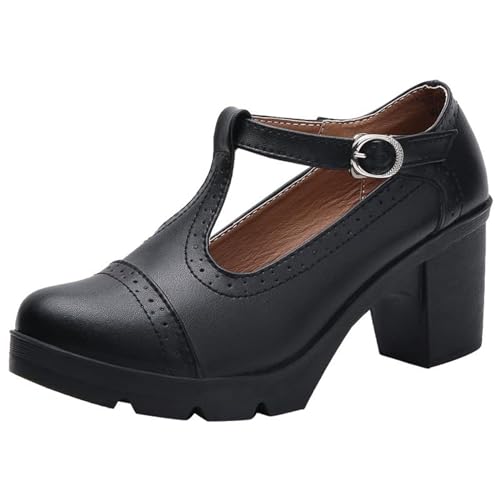 PPXID Women's T-Strap Mary Jane Pumps Dress Oxfords Mid Block Heel Platform Court Shoes Black 6 UK