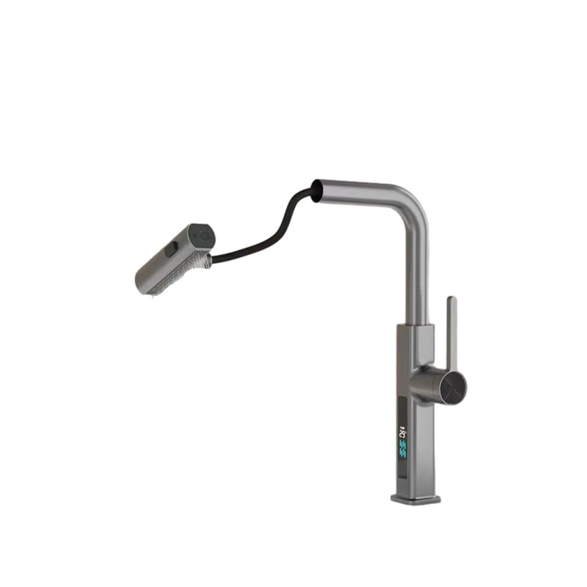FCXWEVR Pull Out Kitchen Faucet with 3 Spray Modes Copper Sink Mixer Multicolor Gun Gray with Intelligent Digital Display for Modern Home Use