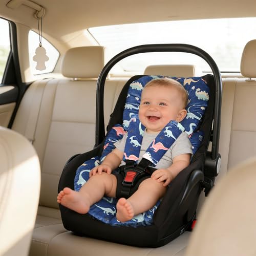 Image of Infant Car Seat Insert Cushion, Super Soft Baby Car Seat Head Support & 2 Straps Pads, Reversible Preemie Newborn Carseat Insert, Fit Car Seat, Stroller, Infant Bouncer, Blue Dinosaur