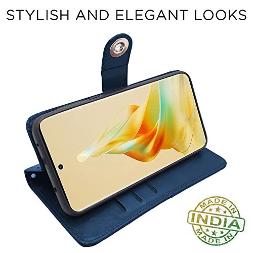 Image of Pikkme Oppo Reno 8T 5G Flip Cover Leather Finish | Inside TPU with Card Pockets | Wallet Stand and Shock Proof | Complete Protection Button Flip Case (Blue)