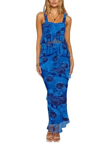 Robe longue moulante bleu saphir à volants superposés en maille SEBOWEL taille XL