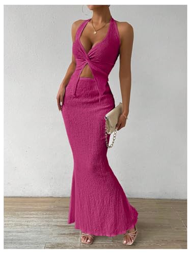 Image of SOLY HUX Women's Two Piece Outfits Twist Front Halter Cami Tops and Skirt Summer Set