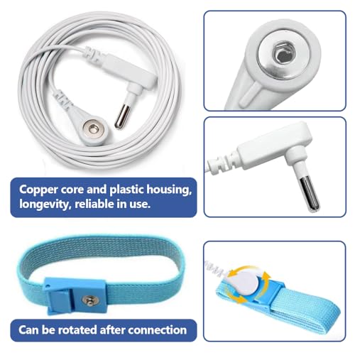 Image of Grounding Wristband & Cable - ESD Wrist Strap Kits Compatible with TENS EMS Units, Wrist Circumference 7 inch, 15 Feet Length Cable (White)
