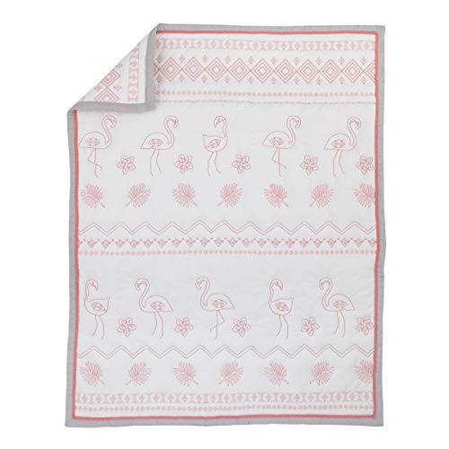 Nojo Tropical Flamingo Pink & White 100% Cotton 4Piece Nursery Crib Bedding Set, Embroidered Quilt, Fitted Sheet, Dust Ruffle, & Diaper Stacker, Pink, White, Grey #TOP1