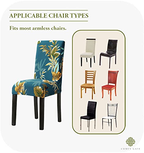 Comfy Gate 4,6,8 Pack Teal Dining Room Chair Covers, Leaves Chair Covers For Dining Room Set Of 4, 4Pc Stretchable Parson Chair Slipcovers, Elastic Dining Room Chair Covers Set Of 4,6,8, Teal Leaves #TOP6