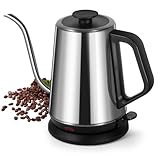 1L Electric Gooseneck Kettle, Tea Kettle for Boiling Water, Gooseneck Electric Kettle for Coffee & Tea, Fast Boiling for Pour Over, Auto Shut-Off, Boil-Dry Protection, 360° Rotational Base - Silver