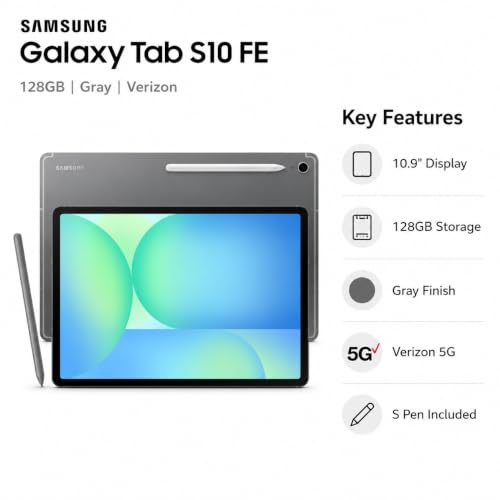 Image of Samsung Galaxy Tab S10 FE 5G Tablet, 128GB, Gray, Verizon, 10.9 inch Display, S Pen Included