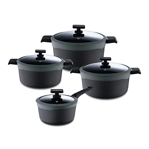 MasterPRO Gastro Reeco, Set de 8 piezas, 3 Cacerolas de 20, 24, 28 cm y Cazo de 16 cm con Tapa| Indicador Temperatura |Aluminio Fundido Reciclado| Antiadherentes, Olla, Todo Tipo de Cocinas