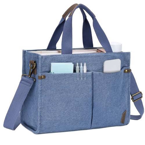 VASCHY Tote Bag Mujer Casual con Cremallera, Bolso Universidad Portátil de Lona Correa Desmontable Multibolsillos para Trabajo Viaje, Azul