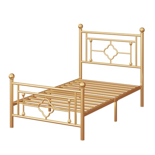 SHA CERLIN 14 Inches Twin Size Metal Platform Bed Frame/Vintage Iron-Art Headboard and Footboard/Mattress Foundation/No Box Spring Needed/Noise-Free/Easy Assembly/Gold