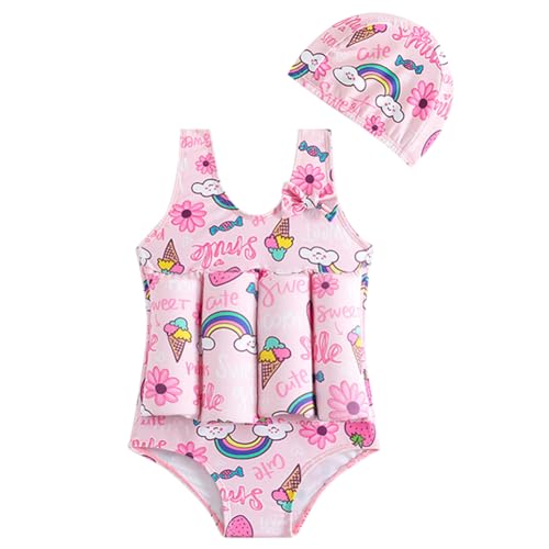 IDOPIP Toddler Girls Rainbow Print Floatation Swimsuit Baby Float Suit Swim Vest with Built-in Buoyancy Floaties One Piece Bathing Suit for Kids Floating Swimwear Beachwear Pink Rainbow 6-7 Years