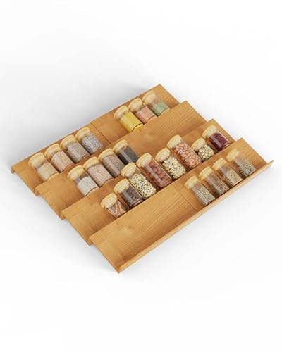 iLacven Spice Drawer Organizer, 8 Tier Spice Rack Tray, Bamboo Spice Rack Organizer for Cabinet Drawer, Free Combination, Expandable 18.5