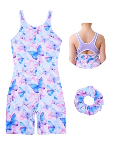 beautyin Justaucorps de gymnastique pour filles – Justaucorps de ballet Unitard avec short – Tenue de danse dos nageur, Violet | Papillon, 5-6 ans