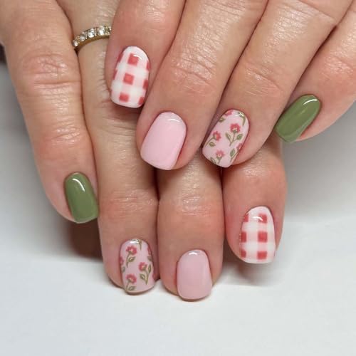 LINMEIZAI 24Pcs Winter Press on Nails Extra Short Square, Gentle Daisy Fake Nails Press ons Nail Tips, Glue on Nails Acrylic Nails Kit Spring False Nails Pink Plaid Maillard Nail Art Design for Women