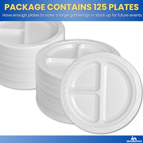 1InTheHome 3 Compartment plates 10 inch Plastic Sectional Plates, Disposable Plates with Compartment, Round White Sectional Plates 10-inch diameter 125 pcs