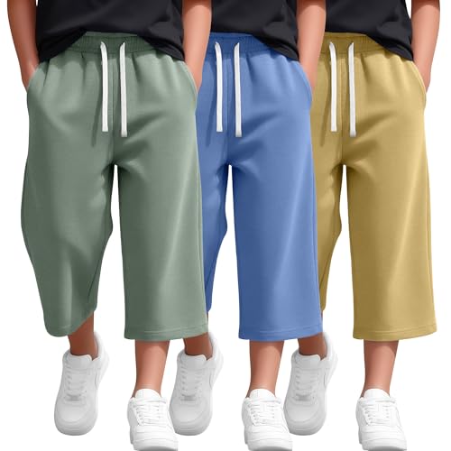 YooAurvox 3 Pack Boys Capri Pants 3/4 Wide Leg Drawstring Lightweight Cropped Sweatpants with Pockets Kids 6-16 Years(Pea Green, Light Blue, Light Yellow,14-16 Years)
