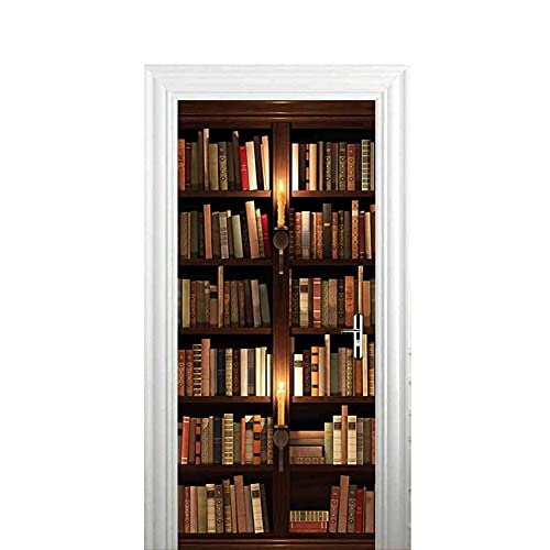ASLKK Sticker Porte 3D Trompe l'oeil Effect, Livre De Bibliothèque Interieure Papier Peint...