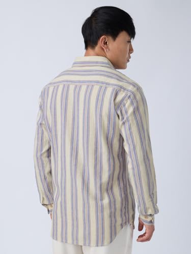 Image of The Souled Store: Echo Men and Boys Long Sleeve Spread Collar Beige and Blue Striped Regular Fit Casual Easy to Wear Summer Ready Lightweight Cotton Linen Shirt