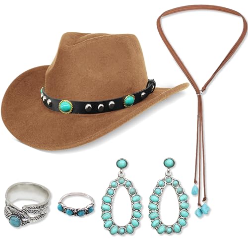Saier tbo - 5Pcs Cowboy Hat Accessories for Women, Western Cowgirl Costume Set with Wide Brim Cow boy Hat Turquoise Necklace Earrings Rings 70s Boho Hippy Fancy Dress for Adult Cosplay Carnival Halloween