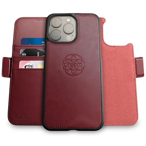 Image of dreem Fibonacci Compatible with iPhone 14 Pro Max Wallet case / 2-in-1 Shockproof case and Detachable Vegan Leather Folio, MagSafe Compatible, RFID Protection [Burgundy]