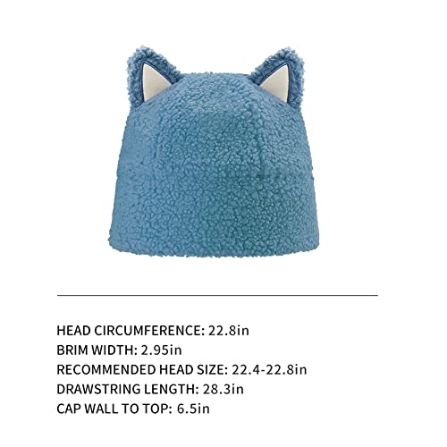 Cat Ear Warm Cuffed Beanie Hat For Women Teens Girls Skull Cap With Adjustable Drawcord Winter Faux Lamb Fleece Caps Blue #TOP1