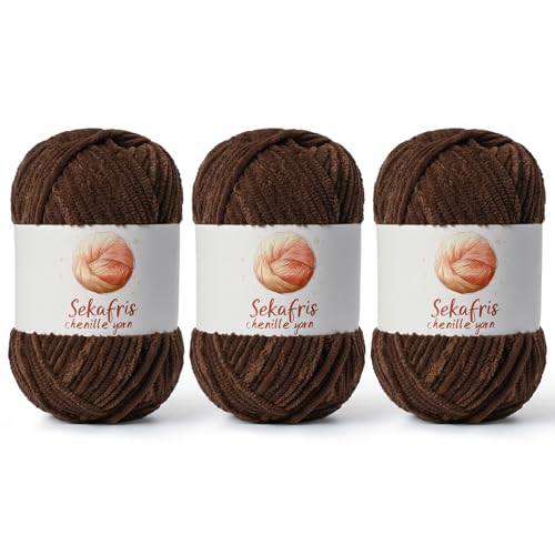 Image of Chenille Yarn for Crocheting, Size 5 Bulky,3 Coffee | 300g /393yds Soft Chunky Velvet Yarn for Crochet and Knitting,Fluffy Baby Yarn for Amigurumi,Blankets and DIY Crafts.