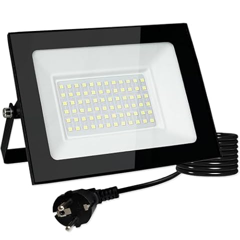 Meision Reflektor LED na zewnątrz, 50 W, reflektor LED z wtyczką, super jasny, aluminium, ciepła biel, 3000 K, IP66, wodoszczelny, zewnętrzny reflektor LED z kablem 3 m, do ogrodu, na podwórko, garaż,