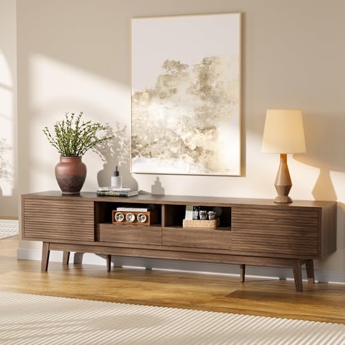 For Tvs Up To 80 Inch, Mid Century Modern Tv Console With Fluted Sliding Doors, Shelves & Drawers, Low Profile Entertainment Center For Living Room (walnut, 70")