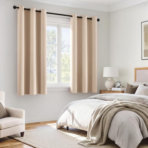 Image of MIULEE Beige 100% Blackout Curtains for Bedroom 40x45 Inch Length 2 Panels | 2 Thick Layers Thermal Insulated Short Curtains with Black Liner, Noise Reducing Grommet, Drapes for Living Room