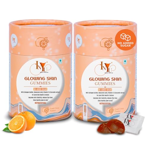Image of INYU Glowing Skin Gummies for Women - 60 Days Pack | With Hyaluronic Acid, Collagen Builder, Vitamin C, E & Curcumin Extract | No Added Sugar | For Skin Hydration, Texture & Tone | Citrus Flavor | for Women and Men