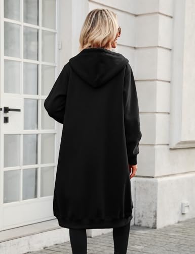 Tuopuda Damen Lange Kapuzenpullover mit Reißverschluss Hoodie Jacke Langarm Herbst Winter Pulli Sweatjacke Sweatshirts Kapuzenpullover Streetwear Strickjacke mit Taschen(Schwarz,XL)