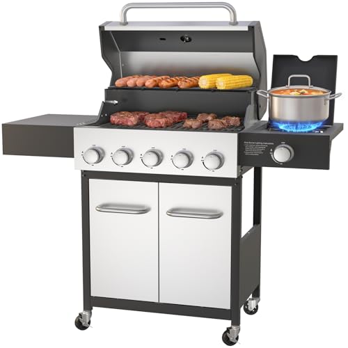 Image of Veralune 5 Burner Propane Gas Grill with Side Burner, Stainless Steel Barbeque Grill, Outdoor BBQ Grill, for Backyard, Patio, Garden Cooking