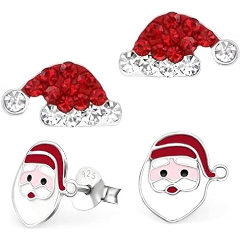 Juego de 2 pares de pendientes de Papá Noel para niña, plata 925, Vidrio Esmalte Vidrio, Crystal Cover
