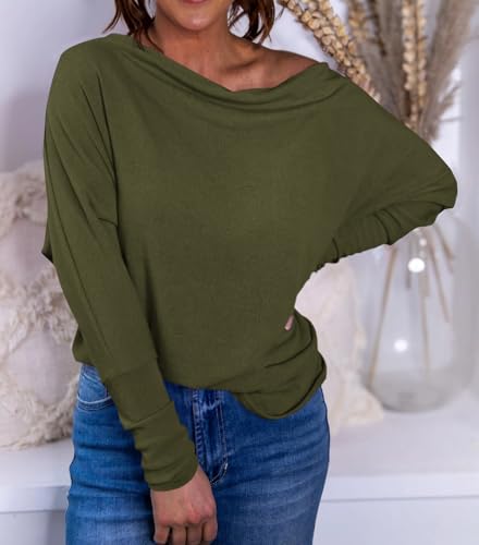Okiwam Women's Fall Tops Long Batwing Sleeve Shirts Boat Neck Off The Shoulder Loose Tunic Blouses 2025 Fashion Clothes