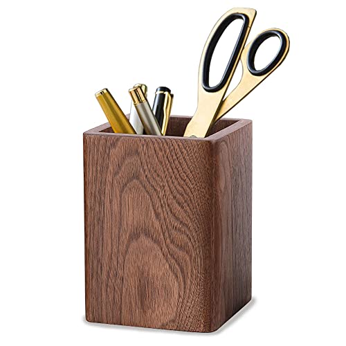 Wooden Pencil Holder, Stationery Organizer, Square Pen Cup Holder, Black Walnut Wood, Handwork, Desk Decoration, for Stationery, Make up Brushes, Desks, Offices (Brown)