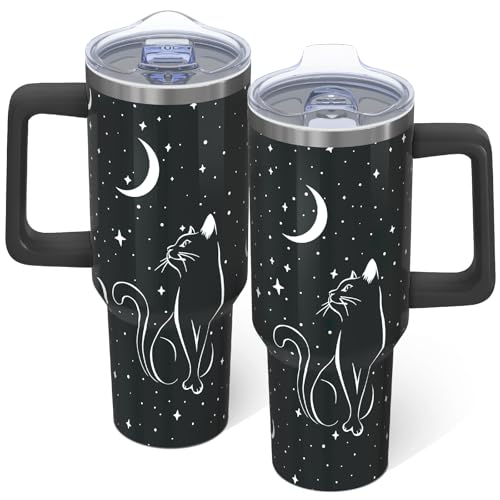 40oz Black Cat Tumbler with Handle Cup, Halloween Goth Cat Gifts for Women